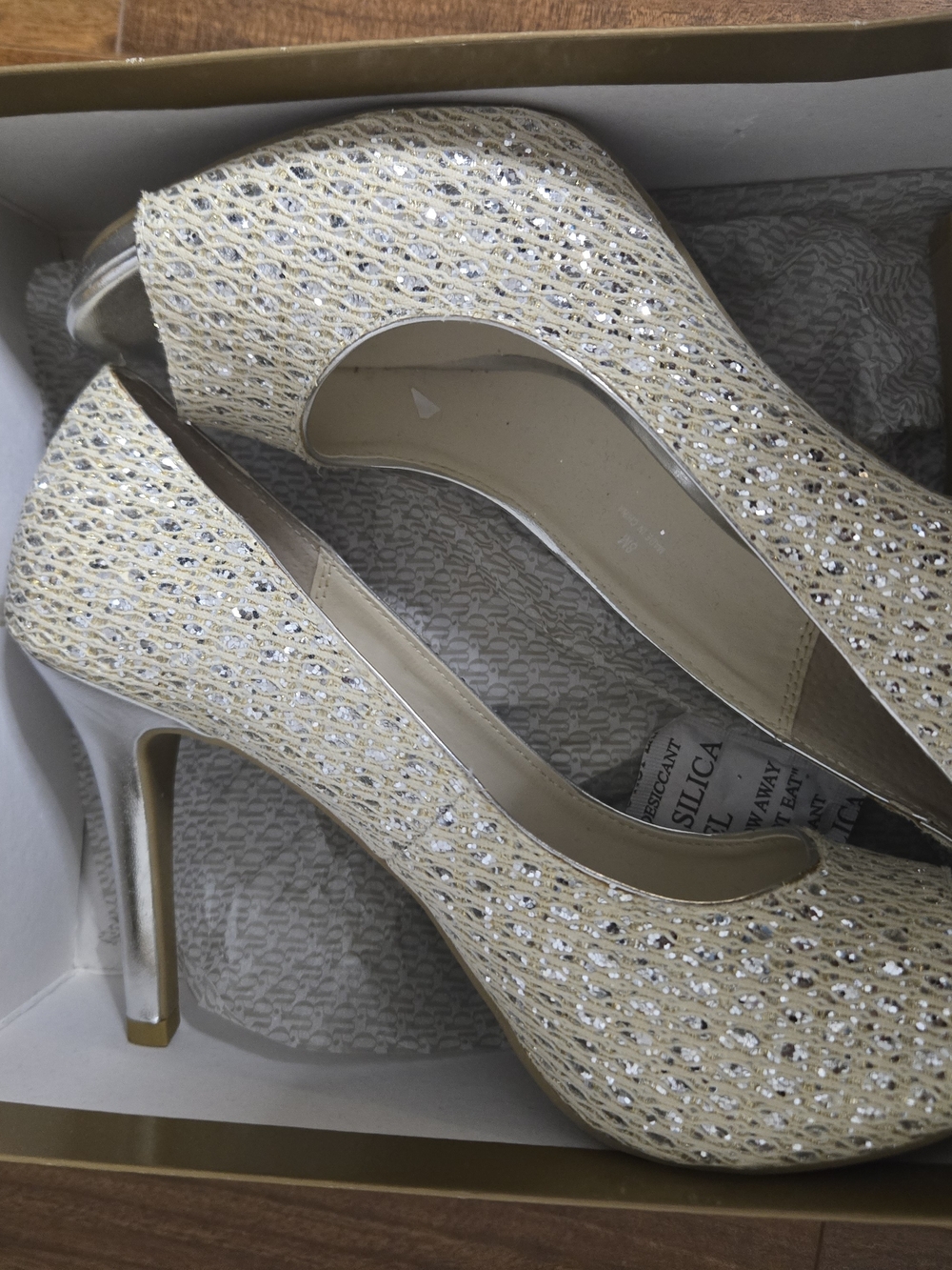 Audrey Brooke Champagne Lace Glitter Peep-Toe Heels